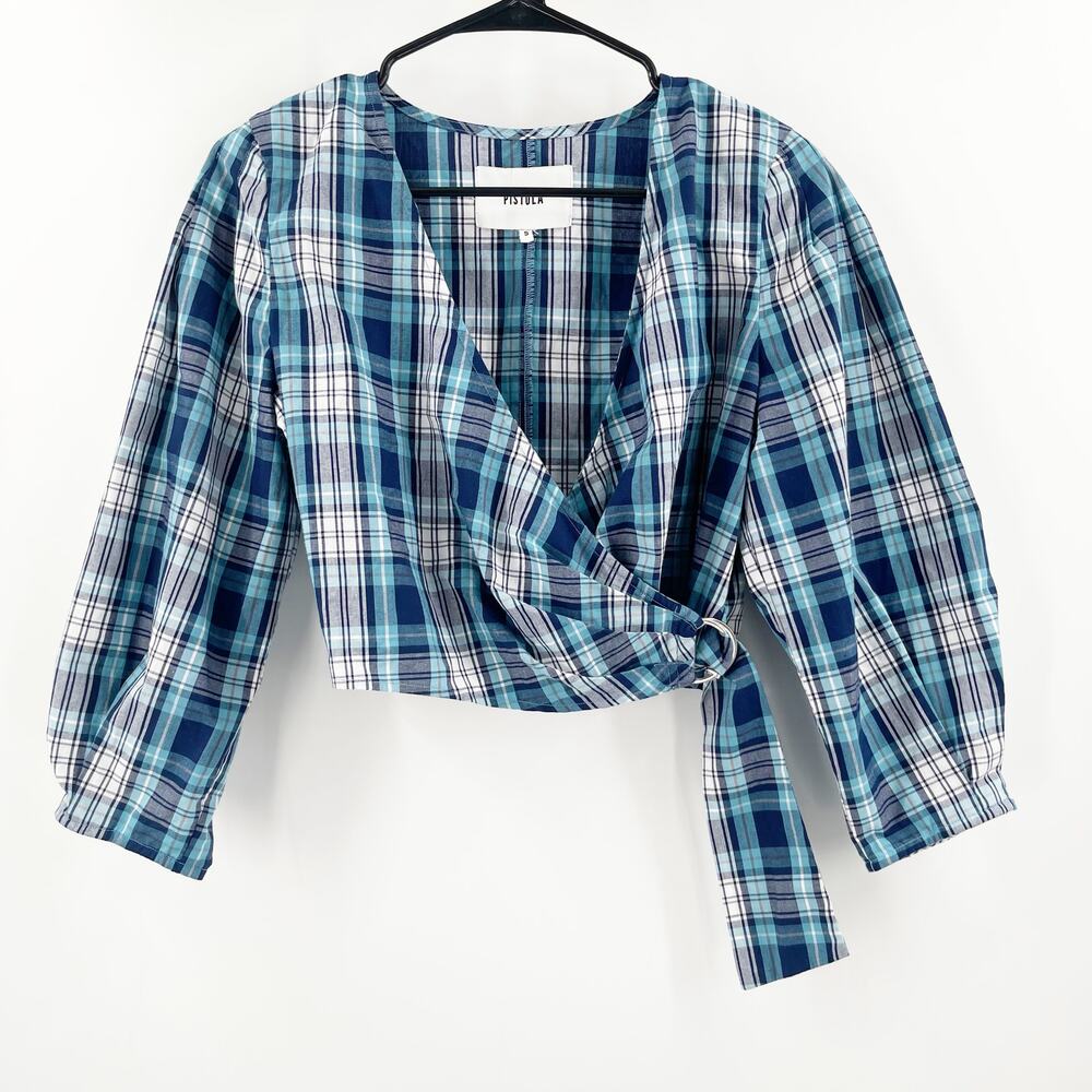 PISTOLA Wrap Top Size Small Shirt NWOT Cropped Blue Plaid NEW Country Picnic